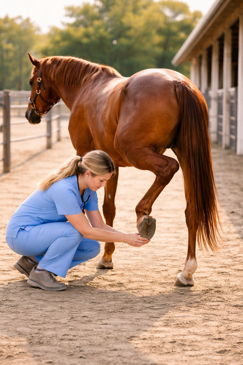 Vétérinaire effectuant un examen détaillé de la patte d'un cheval